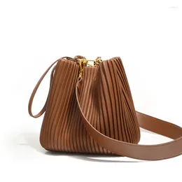 Drawstring Genuine Leather Pleated Bucket Bag Large Capacity Women's Shoulder Handbag