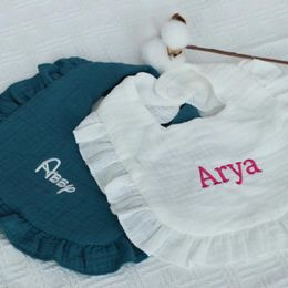 Blankets Personalised Embroidered Name Bib Ruffle Edge Saliva Towel Cotton Gauze Baby Lace Blanket