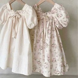 Girl's Dresses Korean version of new summer girls baby bow bubble sleep sweet lace square neckline dress d240515