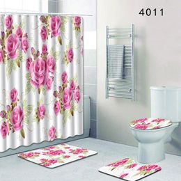 Shower Curtains 4pcs Natural Pattern Pink Rose Red Flower Polyester Bathroom Curtain With Anti-Slip Bath Mat Carpet Set Washable