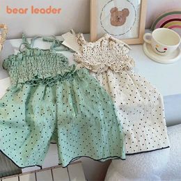 Clothing Sets Bear Leader Childrens Clothing Girl Fashion Set Summer New Wave Point Pleated Suspension Tank Top+Wide Leg Pants Two Piece SetL2405