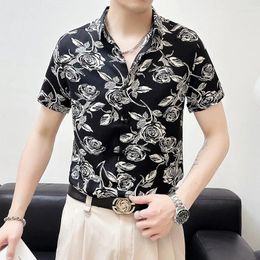 Men's Casual Shirts Retro Floral Print Shirt For Men 2024 Summer Short Sleeved Slim Fit Social Party Tuxedo Blouse Clothing M-4xl