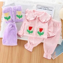 Pajamas Girls Pajama Set Autumn and Winter Childrens Pajama Fashion Girl Warm Pajama Thick Coral Velvet Childrens Clothing SetL2405