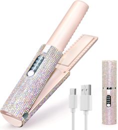 2IN1 Electric USB Hair Straightener Curler Fashion Coloured Diamond Design Wireless Travel Straightening Styler Brush 240515