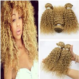 Wefts Kinky Curly #27 Honey Blonde Virgin Human Hair Wefts Extensions 3Pcs Curly Malaysian Human Hair Weaves Strawberry Blonde Hair Bund