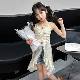Vest Baby Girl 2024 Summer Vest Top Vacation Long Shirt Top cardigan wool sweater lace pleated irregular hem vest for childrens clothing aged 4 to 16L240502