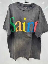 Men's T-Shirts Summer Saint Michael Colourful Letter Print T-Shirt Men Women T Short Slve Top Vintage Washed T Shirt T240515