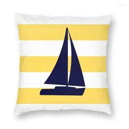 Pillow Sailboat On Mustard Yellow Stripes Case Decoration Nordic Nautical Navy Blue S For Sofa Square Pillowcase