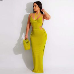 Sexy Womens Neck Hanging Waist Suspending Strap Knitted Dress with Open Back Beach Long