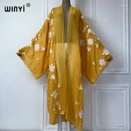 Summer Outfit Embroidered Elegant Cardigan Beach Wear Swim Suit Cover Up Holiday Long Sleeve Kimono Maxi Dress