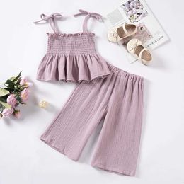 Clothing Sets Summer Toddler Girls Muslin Suits Sling Top + Wide Leg Pants 2pcs Clothes Sets Cotton Soft Children Solid Baby Girls Clothing