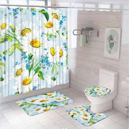 Shower Curtains Watercolor Flower Set Anti-slip Rug Toilet Cover Bath Mat White Daisy Floral Green Leaves Plant Bathroom Curtain