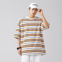 Mens striped T-shirt Japanese fashion brand retro color matching short sleeve loose casual couple high quality mens wear 240510