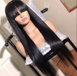Wigs 100% Human Hair Wig With Bangs For Black Women Brazilian Straight Black 30 Inch Long