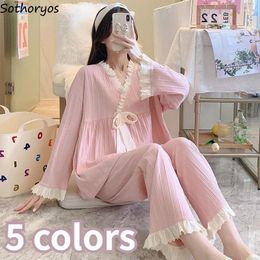 Women's Sleepwear Sexy Pyjama Sets Women Lace Lovely Basic Ladies V-neck Comfort All-match Autumn Ruffles Ins Home Charming Korean Style