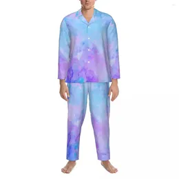 Home Clothing Pajamas Man Purple Abstract Print Leisure Sleepwear Splashes Two Piece Casual Pajama Sets Long Sleeves Fashion Suit