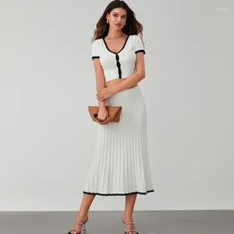 Work Dresses Women Elegant Knit 2 Piece Skirts Sets Summer Clothes Short Sleeve V-neck Top With Midi Pleated Skirt Office Ladies
