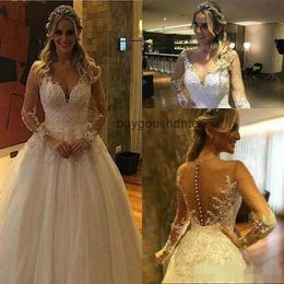 Gorgeous Long Sleeves Wedding Dresses Beaded Crystals Illusion Covered Buttons Back Jewel Neck Country Wedding Gowns Vestido de novia