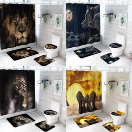 Shower Curtains 3D Animal Print Curtain Set Mat Bathroom Waterproof Tiger Elephant Toilet Cover Bath Rug