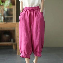 Women's Pants Cotton Linen Womens Spring Summer Elastic Waist SoLid Colour Harem Loose Fit Cropped Casual Female Trousers