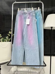 2024 Summer Luxury Brand Женская джинсовая уличная одежда 2 цветные лоскутные пуговицы широкие брюки для ног Женщины с высокой талией.