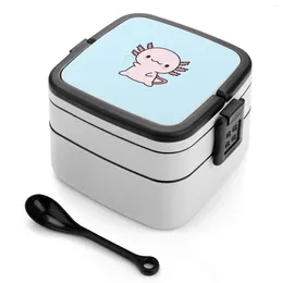 Dinnerware Cute Axolotl Salute Bento Box Lunch Thermal Container 2 Layer Healthy Kawaii Doodle Pink