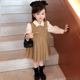 Girl's Dresses 2021 Autumn Baby Girl Korean Fashion Academy Style Fake Dress Two Pleated Dresses d240515