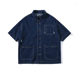 Men's Casual Shirts Summer Japanese Fashion Vintage Denim For Men Korean Streetwear Loose Short Sleeve Cargo Jacket