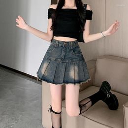 Skirts Retro Distressed Ruffled Denim Skirt For Women's 2024 Spring/summer Spicy Girl Pleated High Waisted A-line Short