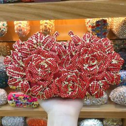 Totes Lady Dazzling Women Red Rose Flower Wallet Hollow Out Crystal Evening Metal Clutches Small Handbag Purse Wedding Box