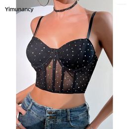 Women's Tanks Yimunancy Rhinestone Camisole Women Cropped Top Backless Summer Sexy Mesh Blusas