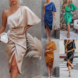 Casual Dresses Autumn Bodycon Sexy Party Silk Robe Satin Dress For Women Short Sleeve One Shoulder High Split Ruched Evening