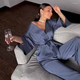 Home Clothing Spring Satin Long-Sleeved Cardigan Lace-up Nightgown Suit Women's European And American Loose Trousers Pajamas Suit2024