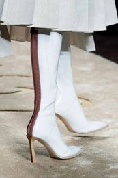 Boots Fashion Woman Wooden Grain Strange Heels Black Red Grey Leather Knee Pointed Toe Runway Back Stripe Zip Boot
