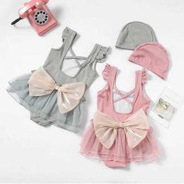 Two-Pieces One piece childrens and girls swimsuit hat set fashionable sweet solid Colour bow swimsuit suitable for little girls summer soft baby swimsuitL2405