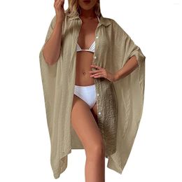 Ladies Summer Solid Swimsuit Cover-Ups Loose Beach Cardigan Holiday Sunscreen Bikini Smock Ruched Shirt Swimwear Kimono