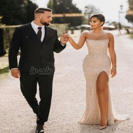 One pcs Champagne Strapless Mermaid Prom Dresses Sexy High Side Split Evening Gown Long Formal Party Bridesmaid Dress Open Back 276l