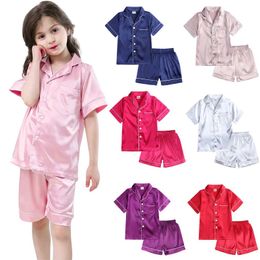 Pajamas 6M-11Y baby girl boy pajama set satin childrens short sleeved pajamas Pjs 2-piece buttoned classic casual shorts d240515