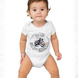 Rompers مجرد صبي يحب الدراجات النارية حديثي الولادة ملابس الأطفال طفل القطن بذلة كاريكاتورية دراجة نارية bodysuitl240514l240502