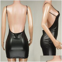 Basic Casual Dresses Faux Leather Dress Backless Club Party Short Solid Black Wet Look Latex Bodycon Push Up Bra Mini Micro Drop Deliv Dhwsn