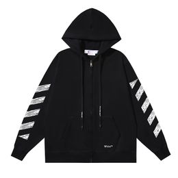 Fashion brand male designer hoodie jacket OFF high quality cotton terry heavy linear diagonal stripes printed cardigan zipper hoodie mens and womens street jacket
