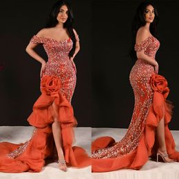 Sexy Side Split Mermaid Prom Dresses Sexy Off The Shoulder Sequined Formal Party Dress Tiiered Ruffles Evening Gown Custom Made