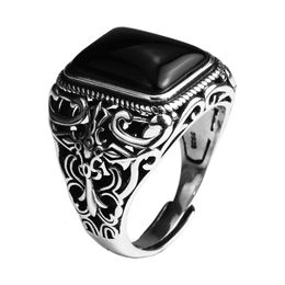 Real 925 Sterling Silver Vintage Rings For Men Natural Black Onyx Stone Square Shape Hollow Cross Flower Carved Punk Jewelry 240509