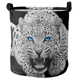 Laundry Bags Leopard With Blue Eyes Dirty Basket Foldable Round Waterproof Home Organizer Clothing Children Toy Storage