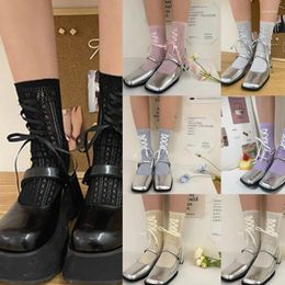 Women Socks Girls Japanese Middle Tube Calf With Ribbon Bowknot See Through Hollowed Out Lace