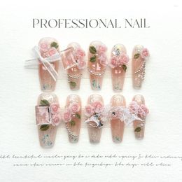 Party Favour 10 Pcs Flowers Nails Design Handmade Spring Pink Rose Transparent Diamond Luxury Lace Decor Reusable Long Coffin False Nail Tips