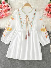 Casual Dresses Retro Dress For Women V Neck Tassel Puff Sleeve Embroidered Ethnic Style A-line Loose Summer Vestidos Bohemian Dropship