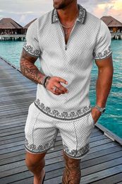 Mens summer casual polo shirt set mens fashion tracking suit solid color set middle and lower collar zippered clothing retro set 240511