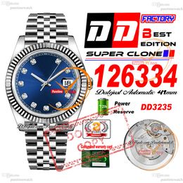 126334 DD3235 Date Automatic Mens Watch DDF Fluted Bezel Blue Diamonds Dial 904L Oystesteel JubileeSteel Bracelet 72H Power Reserv Super Edition Puretime PTRX