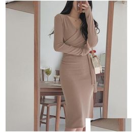 Basic Casual Dresses Korean Elastic Midi Dress Autumn Women High Waist Bodycon Y V-Neck Long Sleeve Elegant Slim Side Lace-Up O406 Dro Dhgfu